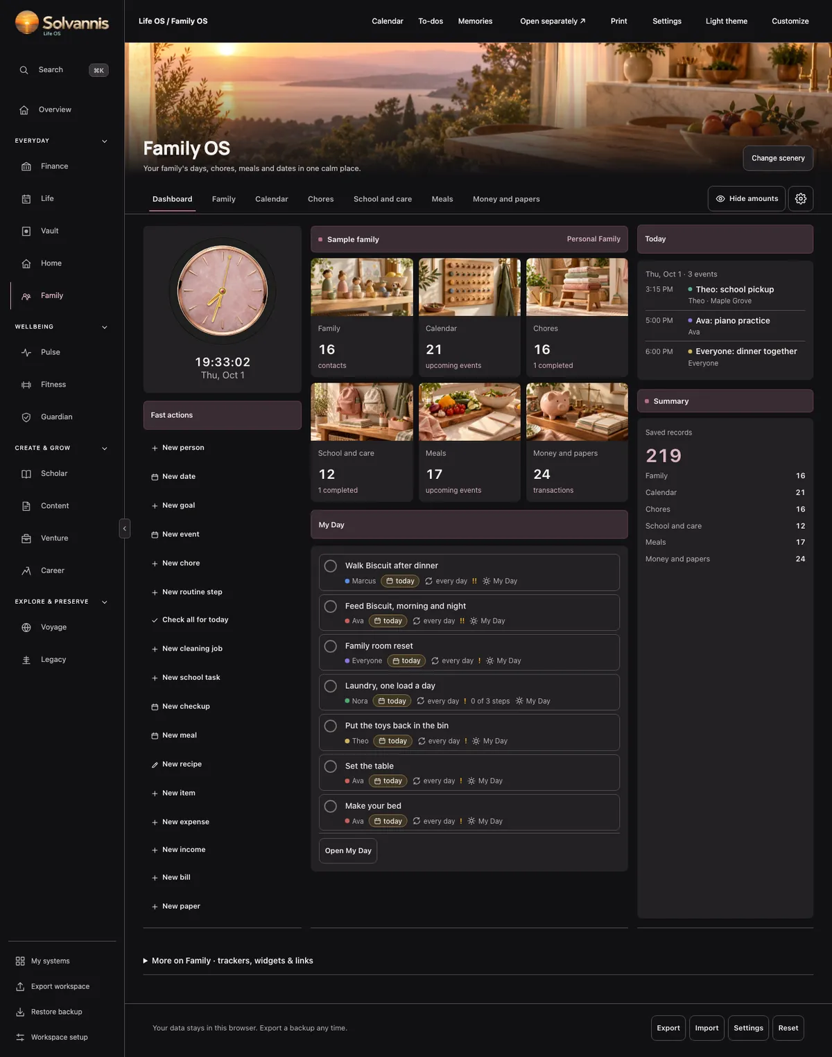 Family board with chores, meals and dates
